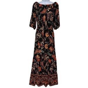 Boston Proper Black Floral Print Long Sleeve Maxi Dress Boho Festival Size Small